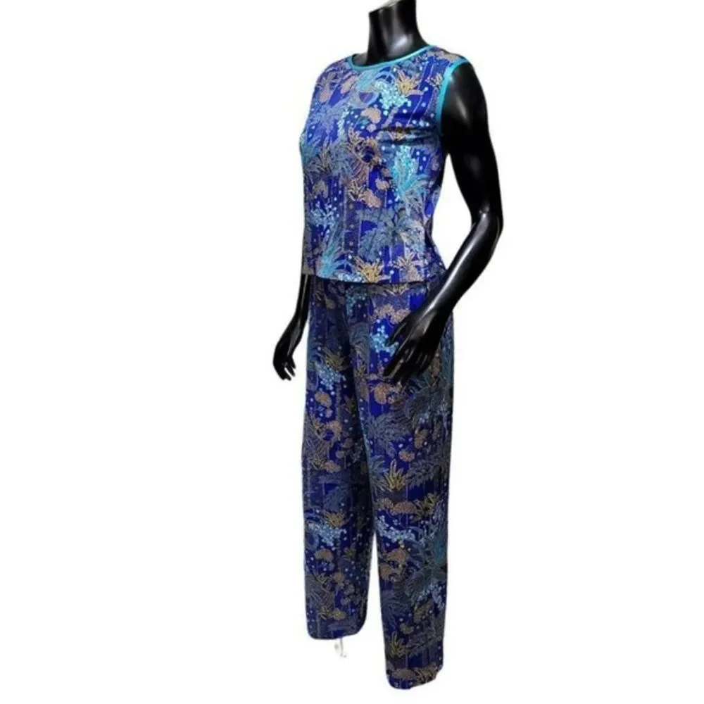 Vintage 70s Blue Tropical‎ Print Pant Set Womens M Lounge Resort Mod 2 Piece